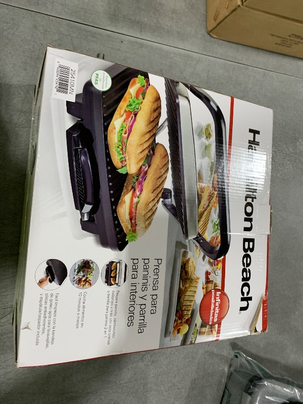 Photo 1 of Hamilton Beach Panini Press, Sandwich Maker & Electric Indoor Grill, Upright Storage, Nonstick Easy Clean Grids, Stainless Steel (25410)