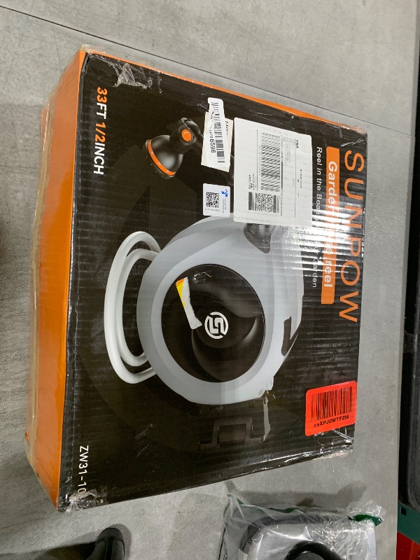 Photo 1 of SUNPOW Retractable Garden Hose Reel 1/2 Inch x 33ft - Wall Mounted Hose Reel with 3/4 Inch Brass Fittings & 10-Pattern Nozzle - Auto Rewind System, Any Length Lock, 180° Swivel Bracket