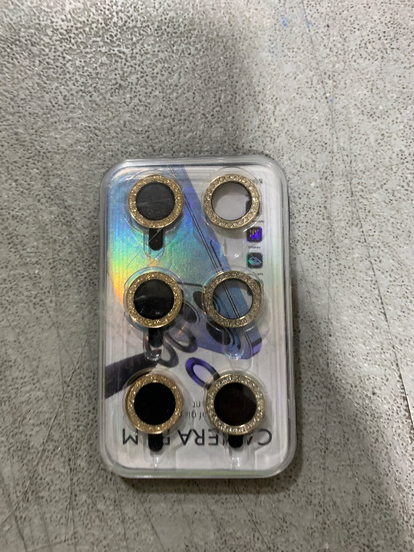 Photo 1 of AGVEE 3+3 6 Pack for iPhone 15/15 Plus Camera Lens Protector, Bling Diamond & Bling Glitter Metal Ring 9H Tempered HD Glass Camera Protector Cover Film, Bling-Gold
