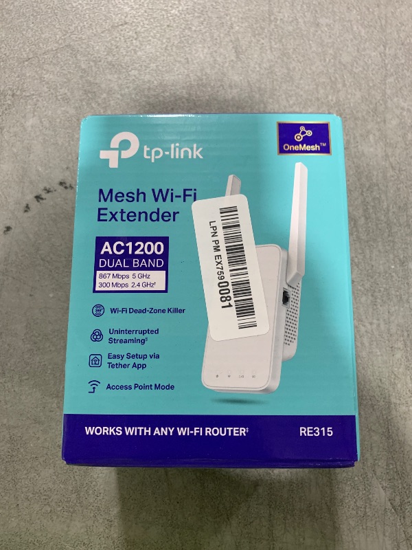 Photo 1 of TP-Link AC1200 WiFi Extender, 2025 Wirecutter Best WiFi Extender, 1.2Gbps Home Signal Booster, Dual Band 5GHz/2.4GHz, Up to 1600 Sq.ft and 32 Devices, EasyMesh Compatible, One Ethernet Port (RE315)