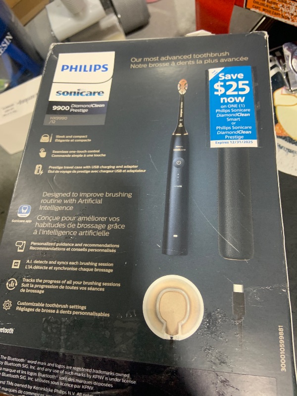 Photo 1 of Philips Sonicare DiamondClean 9900 Prestige Electric Toothbrush - with SenseIQ Technology and Advanced AI App, 5 Brushing Modes, 3 Intensity Levels, Charging Travel Case,Midnight Blue, Model HX9990/12