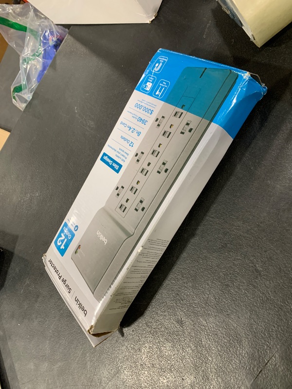 Photo 1 of Belkin 12-Outlet Surge Protector Power Strip w/ 12 AC Outlets & 8ft Flat Plug, UL-listed Heavy-Duty Extension Cord for Home, Office, Travel, Computer, Laptop, Charger - 3,940 Joules of Protection