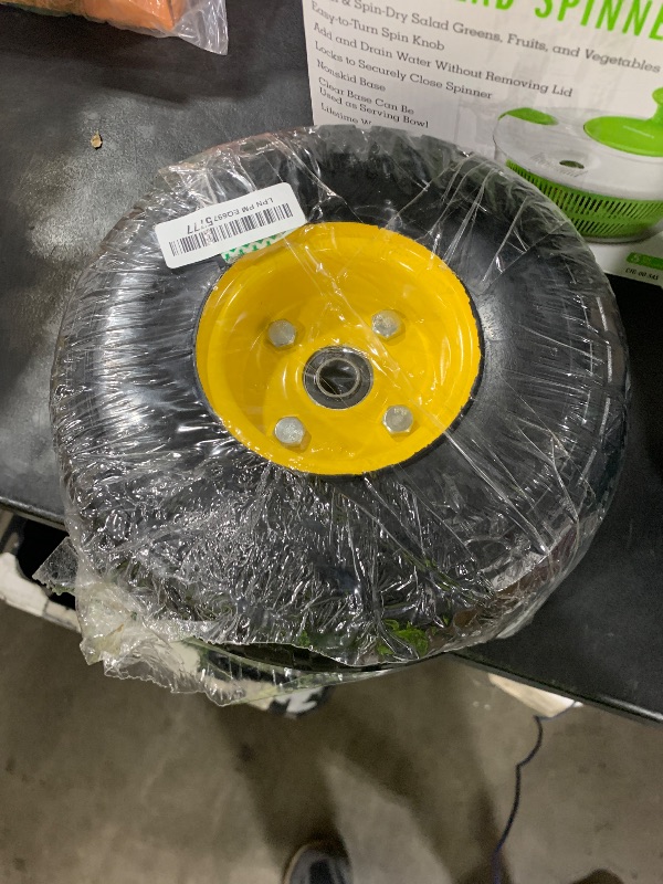 Photo 1 of TICONN 4.00-6 Tire and Wheel Flat Free, 2 Pack 13" Solid Tires with 5/8" Axle Bore Hole and Double Sealed Bearings, Perfect for Wheelbarrow, Garden Cart, Wagon, Dolly (Yellow, 2PK)
