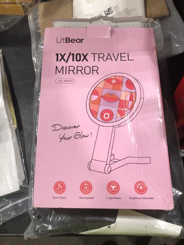 Photo 1 of LitBear Travel Makeup Mirror with Lights, Rechargeable Double-Sided 10X/1X Magnifying Mirror, Portable Lighted Beauty Mirror, 3 Color Lighting, Dimmable Touch Screen, Tabletop Handhold Hanging (White)