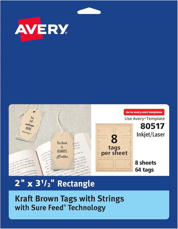 Photo 1 of Avery Kraft Brown Rectangle Tags, Sure Feed Technology, 2" x 3.5", Laser/Inkjet Printable, 64 Total, Strings Included, Also Great for Gifts and Favors (80517)
