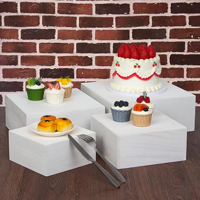 Photo 1 of 3 Pieces Wooden Cake Stands,Natural Wite Cupcake Stands for Display,12 inches Square Wooden crates,Wood Display risers for Wedding,Birthday Party,Christmas,etc. (Natural White)
