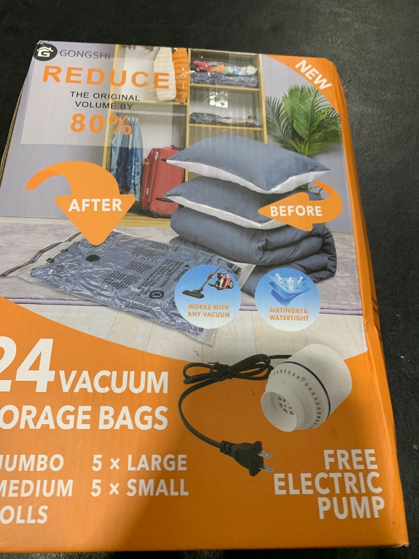 Photo 1 of 24 Pack Vacuum Storage Bags with Electric Pump, (5 Jumbo, 5 Large, 5 Medium, 5 Small, 4 Roll Up Bags) Space Saver Bag for Clothes, Mattress, Blanket, Duvets, Pillows, Comforters,Travel
