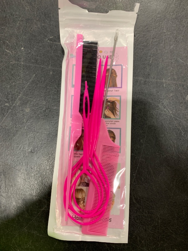 Photo 1 of Aigee 8Pcs Hair Styling Combs Set Include 4Pcs Topsy Hair Tail Tools 2 Styles of Rat Tail Comb,1Pcs Bristle Teasing Slick Back hair Brush,1Pcs Edge Control Brush,Eyebrow Brush for Woman Girl Pink