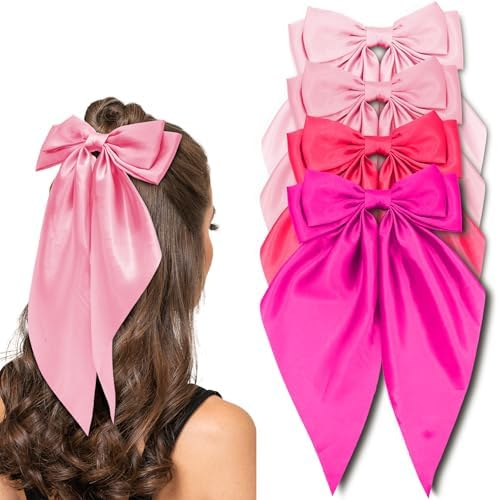 Photo 1 of 4 PCS Large Hair Bows Pink Bow Hair Clip Watermelon Red Satin Hair accessories Red Purple Coquette Bow for Hair Rose red Satin Long Tail Valentine's Day Accessories for Women and Girl
