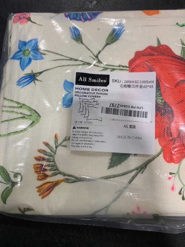 Photo 1 of All Smiles Outdoor Patio Throw Pillow Covers 18x18 Set of 4 Spring Summer Garden Flowers Farmhouse Décor Outside Furniture Bench Chair Decorative Cushion Cases for Swing Deep Seat Bed Couch Sofa