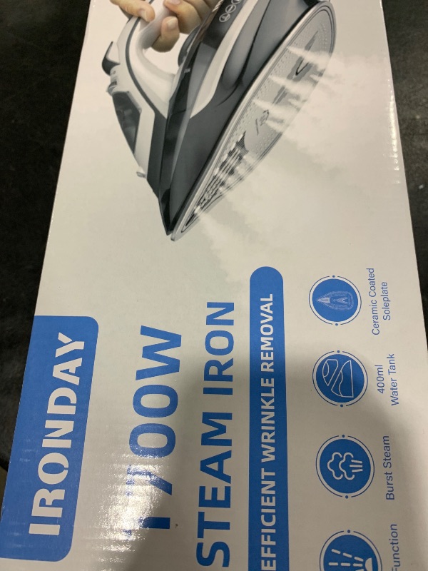 Photo 1 of IRONDAY Steam Iron for Clothes Rapid Heating, 1700W Iron with Non-Stick Ceramic Soleplate, 3-Way Auto-Off, Burst of Steam, Self-Cleaning, 14.07oz Water Tank Ironing Clothes for Home, Grey