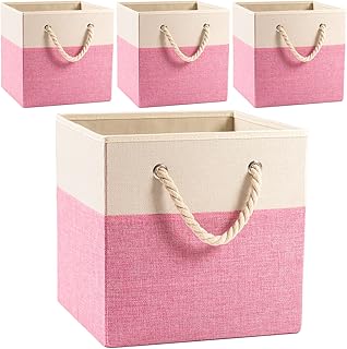 Photo 1 of PRANDOM Large Foldable Cube Storage Bins 13x13 inch [4-Pack] Fabric Linen Storage Baskets Cubes Drawer with Cotton Handles Organizer for Shelves Nursery Closet Bedroom PINK 