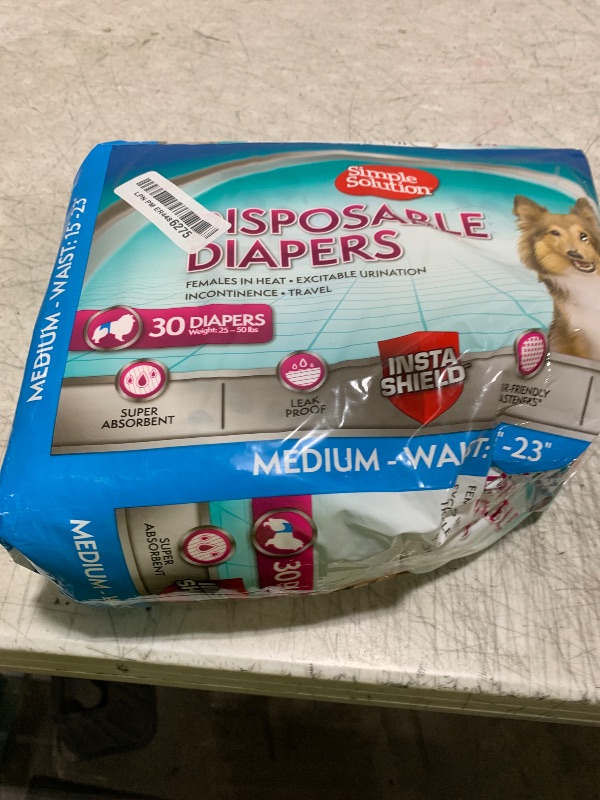 Photo 1 of Simple Solution Female Dog Diapers – Disposable Leak-Proof Diapers for Incontinence, Potty Training, and Heat Cycle – Adjustable Fit for Medium Dogs with 15–23 Inch Waist – 30 Count