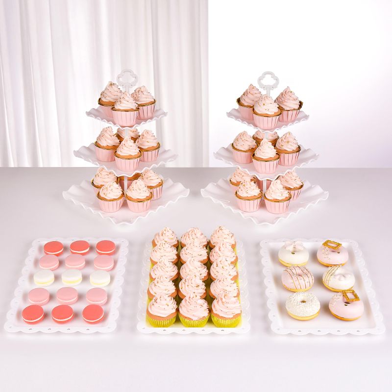 Photo 1 of NWK 5 Piece Cake Stand Set with 2 x Large 3-Tier Cupcake Stands, 3 x Appetizer Trays, for Wedding Birthday Baby Shower Tea Party Decorations (White)