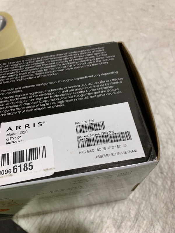 Photo 1 of ARRIS (G20) - Cable Modem Router Combo - Fast DOCSIS 3.1 Multi-Gigabit WiFi 6 (AX3000), Approved for Comcast Xfinity, Cox, Spectrum & More, 1.0 Gbps Max Speeds, Next-Generation Upload Optimized