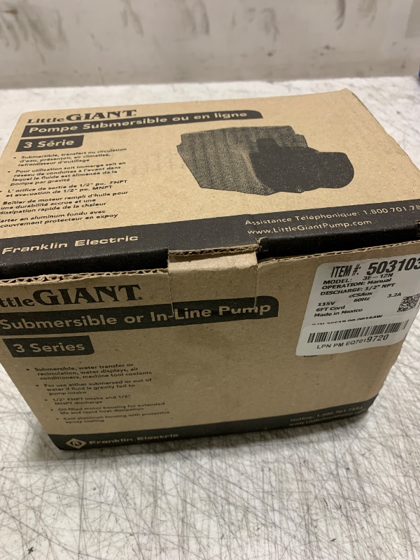 Photo 1 of Little Giant 3E-12N, 115-Volt, 1/15 HP 500 GPH Oil-filled Direct Drive In-Line or Submersible Pump with 6-ft. Cord, Blue, 503103