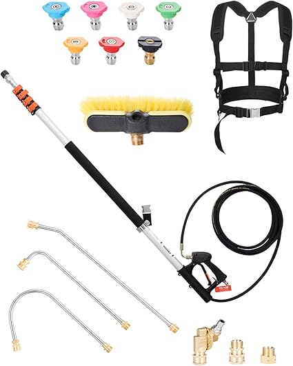 Photo 1 of VEVOR Pressure Washer Telescoping Wand, 21 ft, 4000 psi, Telescopic Spray Wand with Power Washer Extension Wands, Gutter Cleaner, Brush Head, Pivoting Coupler, 7 Spray Nozzles and Support Harness
