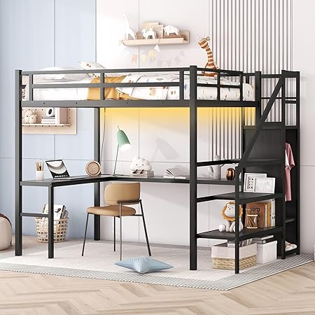 Photo 1 of Bellemave Full Size Loft Bed with Desk and Stairs, Metal Loft Bed with Storage Wardrobe and Shelves, Heavy-Duty High Loft Bed with LED Light and Charging Station for Kids Teens Adults, Black
