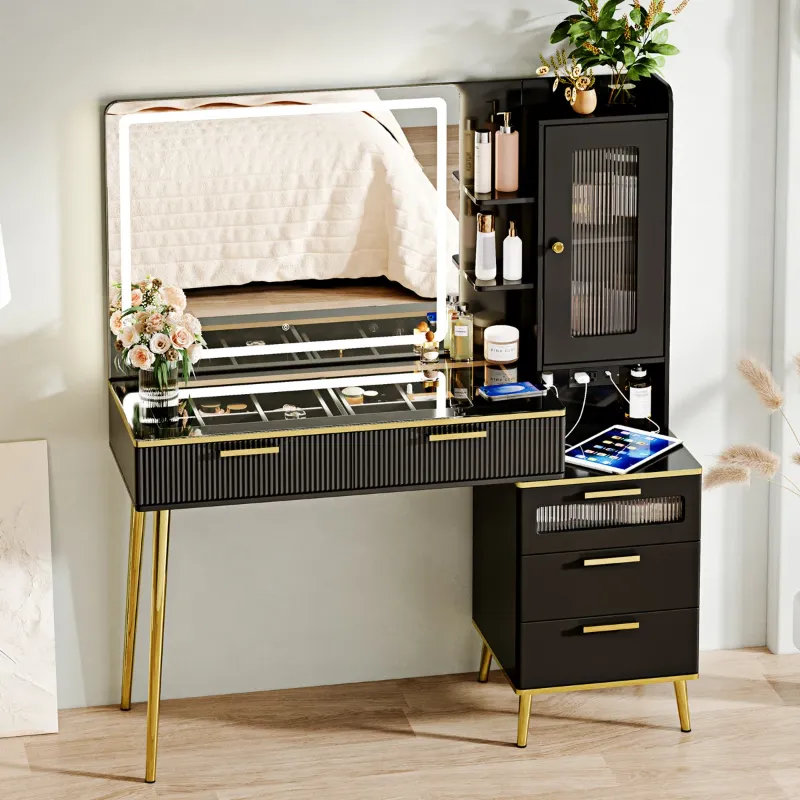 Photo 1 of 47.24" Big Modern Vanity Desk with Mirror and Lights, Vanity Desk with 29.53" HD Lighted Mirror, Makeup Vanity with 5 Drawers and Storage Shelves and Charging Station Black2