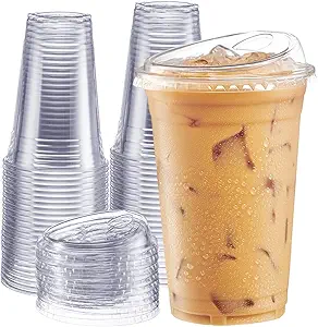 Photo 1 of Clear Plastic Cups with Lids [20 oz - 100 Count] - Disposable Iced Coffee Drink Cups with Strawless Sip Lids for Smoothies, Juices, and More