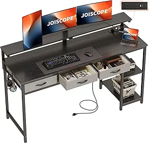 Photo 1 of JOISCOPE Home Office Desk with Power Outlets (3AC, USB, Type-C), 60 × 20 Inch Computer Desk with 3 Drawers & Shelves, Laptop Table with Display Riser, Gaming Study Drafting Table for Bedroom, Black