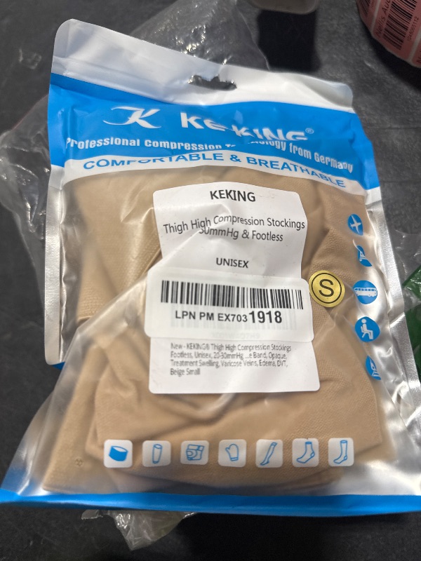 Photo 1 of KEKING® Thigh High Compression Stockings Footless, Unisex, 20-30mmHg Leg Support Compression Sleeves with Anti-Slip Silicone Band, Opaque, Treatment Swelling, Varicose Veins, Edema, DVT, Beige Small