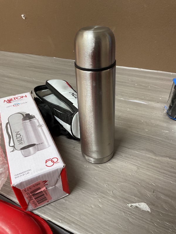 Photo 1 of Milton Thermosteel Flip Lid 500, Double Walled Vacuum Insulated Thermos 500 ml | 16 oz | 24 Hours Hot and Cold Water Bottle with Cover, Stainless Steel, BPA Free, Leak Proof | Silver
