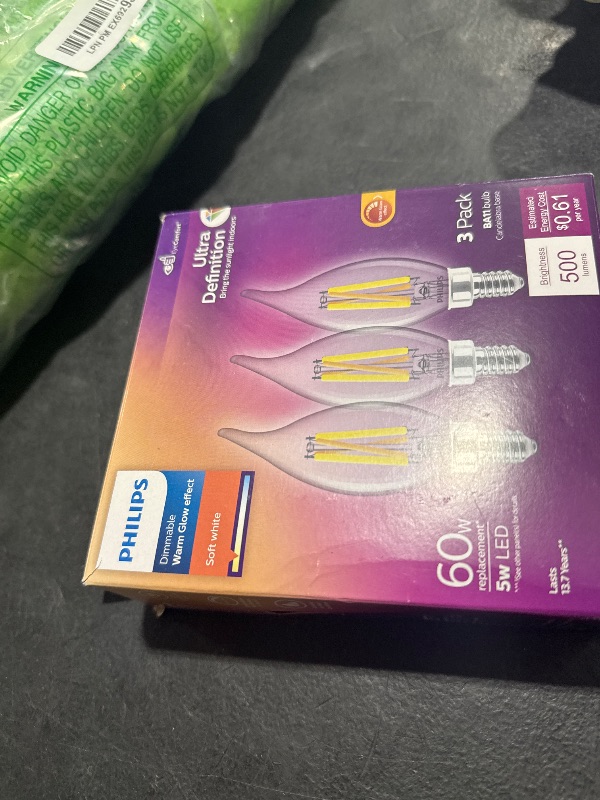 Photo 1 of PHILIPS LED 60W BA11 E12 Chandelier Bulbs 3-Pack Ultra Definition Soft White (2700K) 500 Lumen (5W = 60W) Dimmable Flicker-Free LED Candelabra Bulbs
