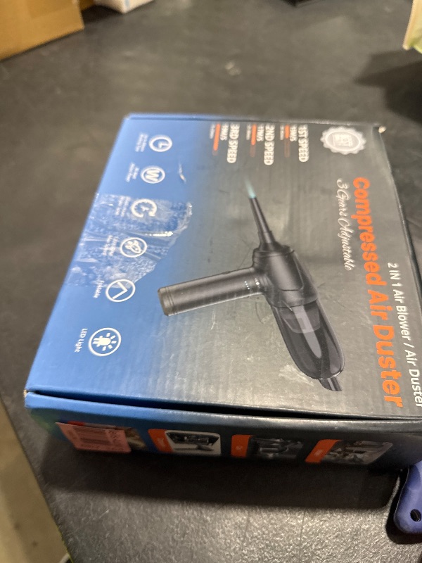 Photo 1 of BANKKY Compressed Air Duster, 2 in 1 Electric Air Duster with Mini Computer Vacuum Cleaner, 3-Gear 12,0000 RPM Dust Blower, Reusable no Canned Keyboard Cleaner for Office, 9000mAh Battery, LED Light