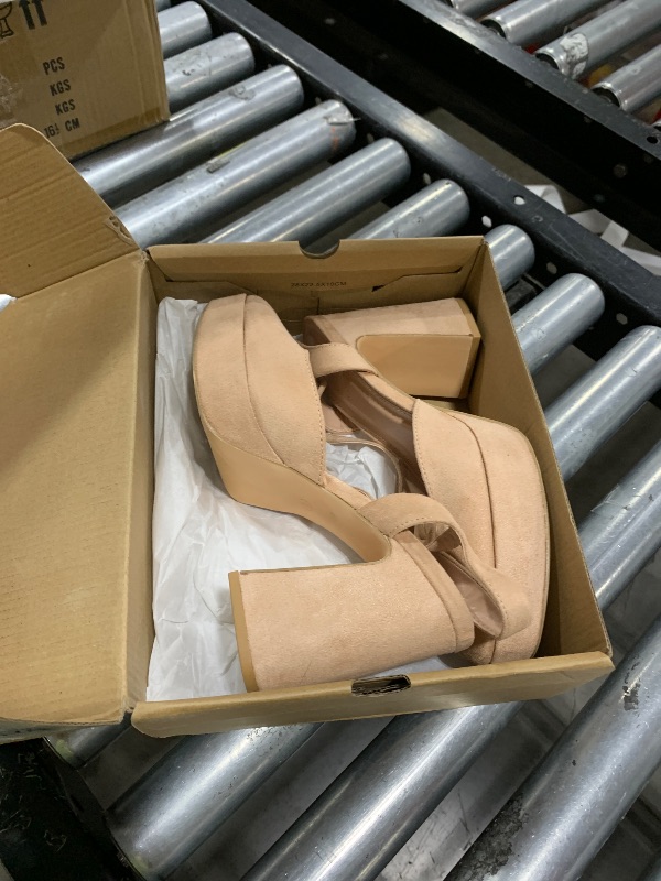 Photo 1 of Coutgo Women's Chunky Platform High Heels Closed Toe Ankle Strap Pumps Wedding Party Dress Shoes, Khaki, Size 9
