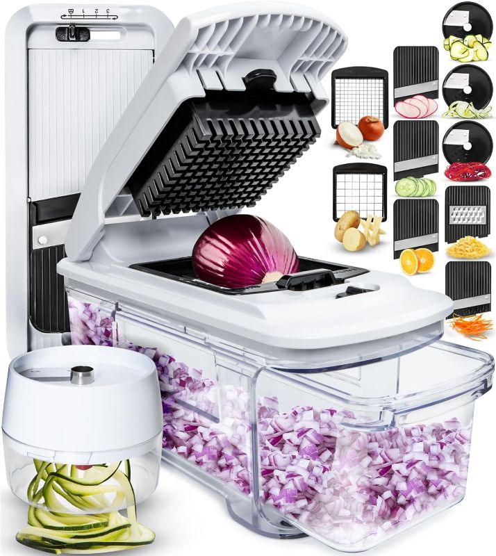Photo 1 of Fullstar All-in-1 Vegetable Chopper and Mandoline Slicer for Kitchen - Cheese Grater, French Fry Cutter, Cheese Slicer - Bonus Handheld Spiralizer Included (6 in 1, Black/White)