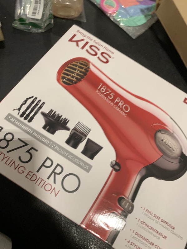 Photo 1 of KISS 1875 Watt Pro Tourmaline Ceramic Hair Dryer, Styling Edition, 3 Heat Settings, 2 Speed Settings, Cool Shot Button, 7 Blow Dryer Accessories Included, 2-Year Warranty - Red