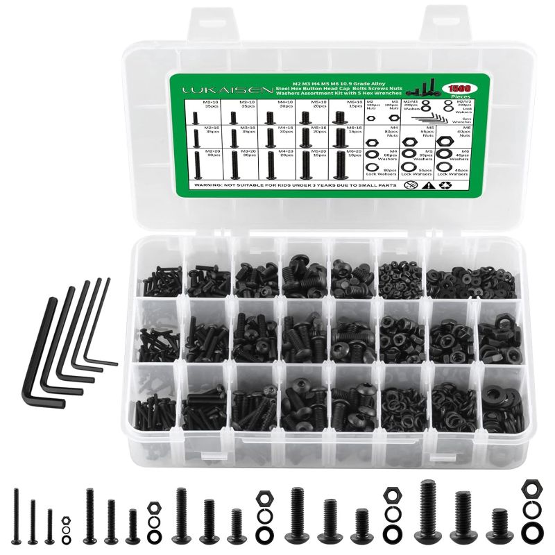 Photo 1 of 1500PCS Screws Nuts and Washers Assortment, Metric Bolt Assortment M2 M3 M4 M5 M6 Black Zinc Plated Hex Button Head Cap Machine Screws - 10.9 Alloy Steel Bolts and Nuts Kit with 5 Wrenches