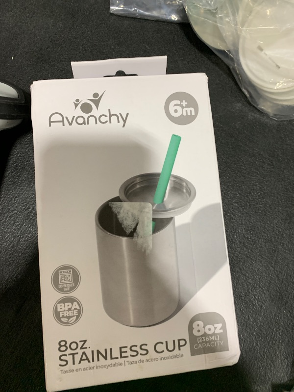 Photo 1 of Avanchy Stainless Steel Insulated Training Cup with Silicone Straw Lid, 8oz Spill-Proof Sippy Cup for Toddlers and Infants, Easy Clean, BPA-Free, Leak-Proof Design, Gray + 5 Reusable Straws