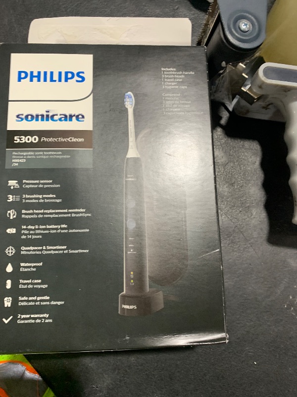 Photo 1 of Philips Sonicare ProtectiveClean 5300 Rechargeable Electric Toothbrush, with Pressure Sensor, 3 Cleaning Modes, SmarTimer and QuadPacer, with 2 Bonus Brush Heads, Travel Case, Black, Model HX6423/34