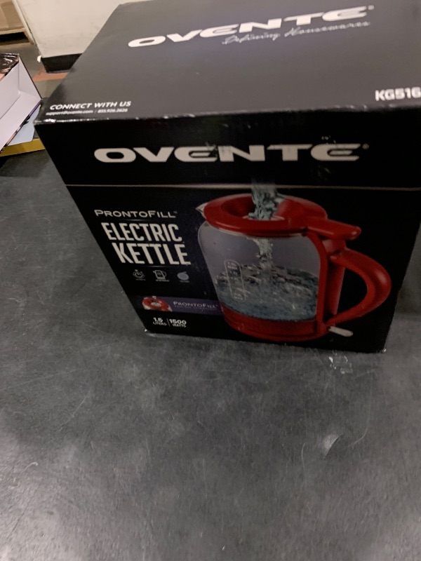 Photo 1 of OVENTE Electric Kettle with 1.5L Borosilicate Glass, 1500W Fast Boiling Water Heater for Coffee or Tea, Easy to Fill Lid, Auto Shut-Off, Boil-Dry Protection & Stainless Steel Filter, Red KG516R