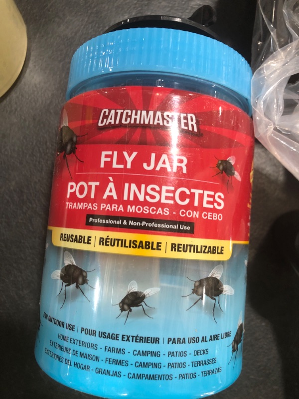 Photo 1 of Catchmaster Outdoor Reusable Fly Traps Outdoor with Bait Included – 1 Non-Toxic, Pet Safe Hanging Fly Jar – Bug Catchers for Yard, Patio & Trash – Sets Up in Seconds