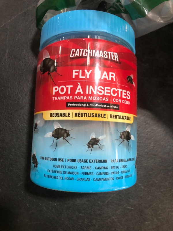 Photo 1 of Catchmaster Outdoor Reusable Fly Traps Outdoor with Bait Included – 1 Non-Toxic, Pet Safe Hanging Fly Jar – Bug Catchers for Yard, Patio & Trash – Sets Up in Seconds