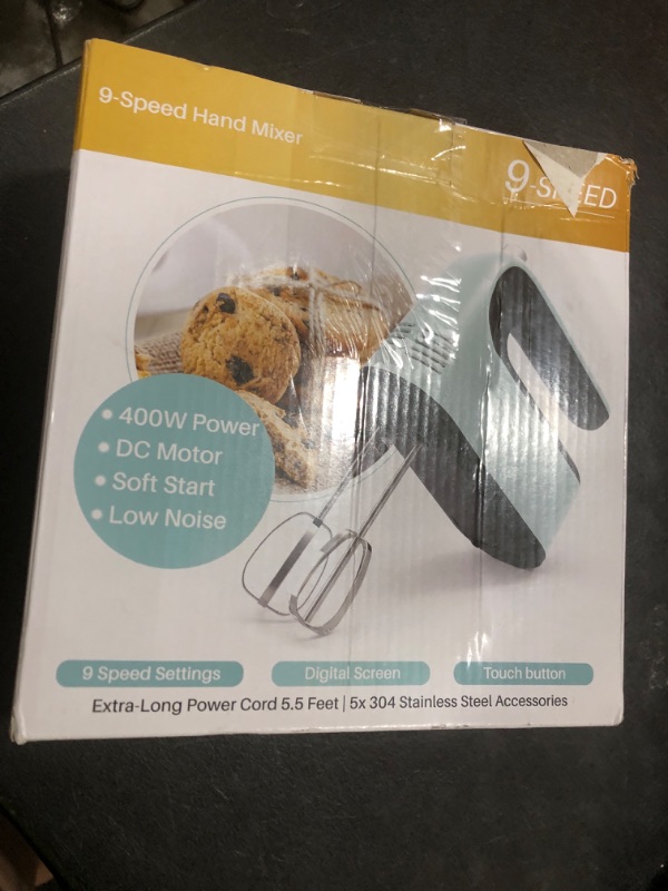 Photo 1 of Yomelo 9-Speed Digital Hand Mixer Electric, 400W Powerful DC Motor, Baking Mixer Handheld with Snap-On Storage Case, Touch Button, Turbo Boost, Dough Hooks, Whisk (Ice Blue)