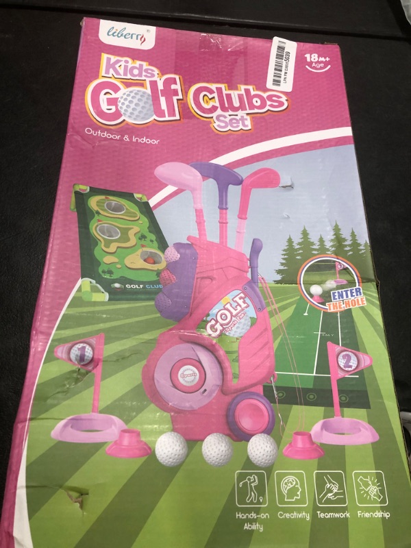 Photo 1 of Liberry Toddler Golf Set for 2 3 4 Years Old Girls Boys, Upgraded Kids Golf Cart with Golf Cornhole Board & Putting Mat, Indoor and Outdoor Golf Toys Birthday Gift, Pink