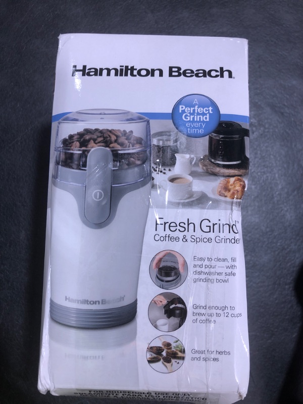 Photo 1 of Hamilton Beach Fresh Grind Electric Coffee Grinder for Beans, Spices and More, Stainless Steel Blades, Removable Chamber, Makes up to 12 Cups, White