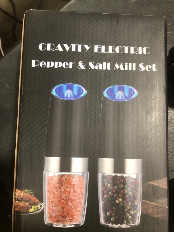 Photo 1 of Sweet Alice Gravity Electric Pepper and Salt Grinder Set, Adjustable Coarseness, Battery Powered with LED Light, One Hand Automatic Operation, Stainless Steel Black, 2 Pack