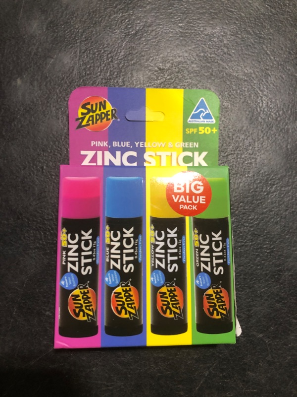 Photo 1 of Sun Zapper Zinc Oxide Sunscreen Stick – SPF 50+ Tinted 4-Pack (Pink, Blue, Green, Yellow) – Sunscreen Stick, Zinc Sunscreen, Water Resistant, Broad Spectrum UVA/UVB, Made in Australia
