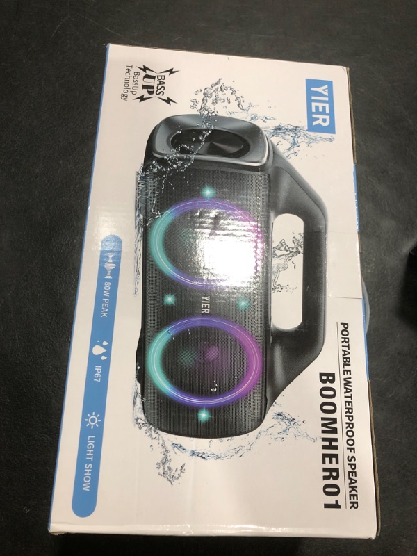 Photo 1 of YIER Speakers, 80w (Peak) Portable Wireless Speaker with Lights, Stereo Loud Sound, IP67 Waterproof, Deep Bass Outdoor Speakers Bluetooth 5.0 Dual Pairing for Home Party Beach Camping, Gifts