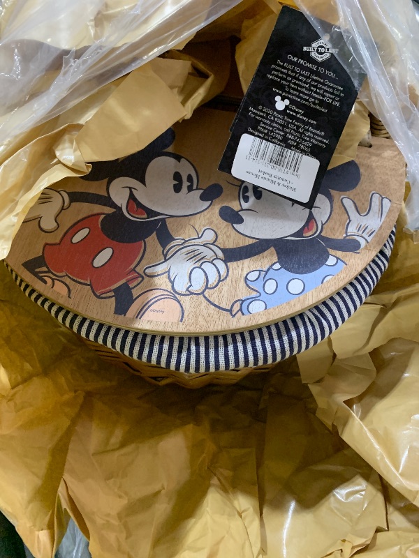 Photo 1 of PICNIC TIME Disney Mickey Mouse & Minnie Mouse Country Vintage Picnic Basket with Lid, Wicker Picnic Basket for 2, (Navy Blue & White Stripe)