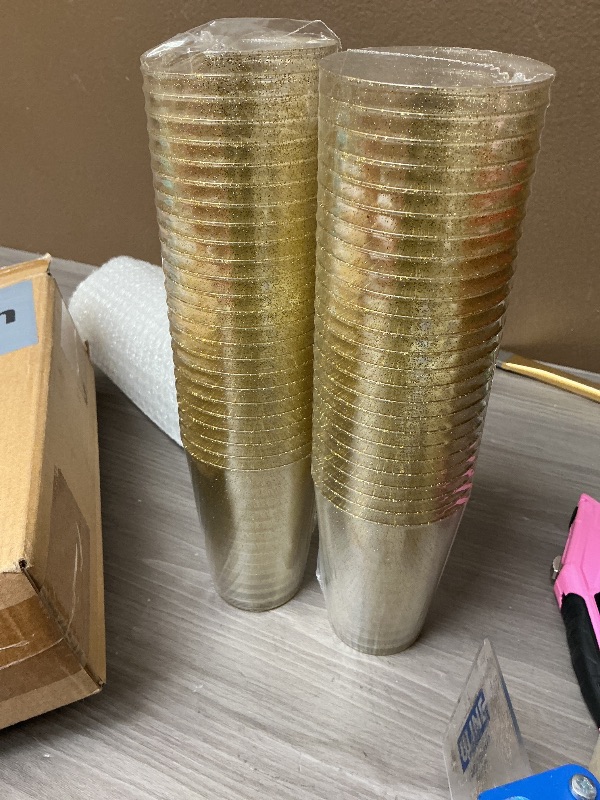 Photo 1 of Goodluck 12 oz 50 PCS Gold Glitter Plastic Cups, Disposable Glitter Cups, Elegant Plastic Cocktail Glasses, Fancy Party Cups for Wedding, Birthday, Holiday