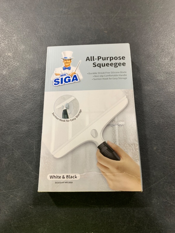 Photo 1 of MR.SIGA Multi-Purpose Silicon Squeegee for Window, Glass, Shower Door, Car Windshield, Heavy Duty Window Scrubber, Includes Suction Hook, 10 inch, White & Black, 1 Pack