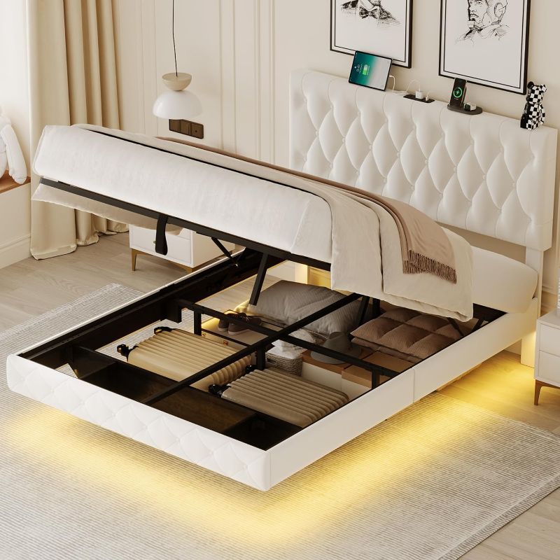 Photo 1 of Lift Up Storage Bed Frame Queen Size Floating Bed Frame with Adjustable Headboard/LED Lights/Charging Station/Outlet,Velvet Upholstered Tufted Platform Bed Frame/Wooden Slat/No Box Spring Needed,White
