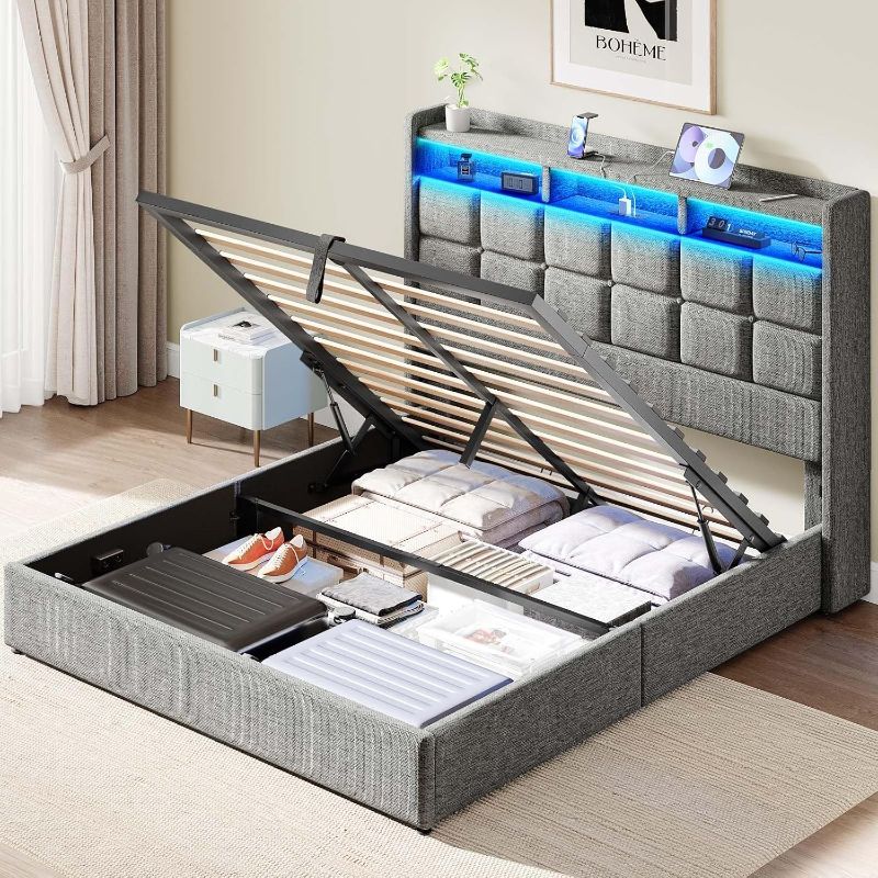 Photo 1 of Lift Up Queen Bed Frame with Storage, Upholstered Bed Frame Queen Size with LED Lights Headboard and Charging Station, No Box Spring Needed, Easy Assembly - Light Grey

