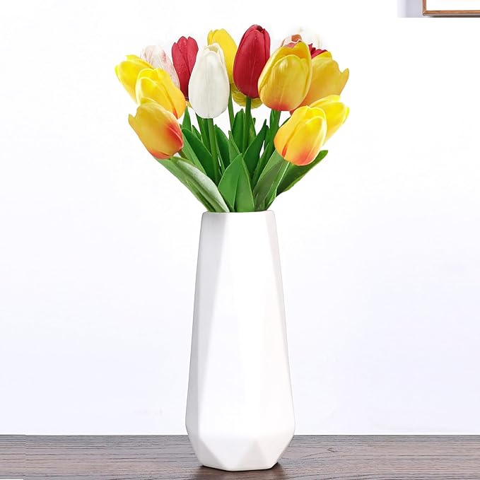 Photo 1 of LUQKTES White Ceramic Vase, 8 Inch Small Cute Modern Flower Vases for Centerpieces Tulips Pampas Grass Bouquet Roses Bud Lily, Dining Table Living Room Office Home Decor Shelf(Frosted)
